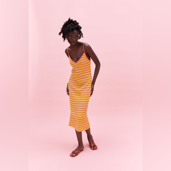 ✨NWT Zara Orange Yellow Striped Jacquard Crochet Knit Midi Dress Size Large - Picture 3 of 12